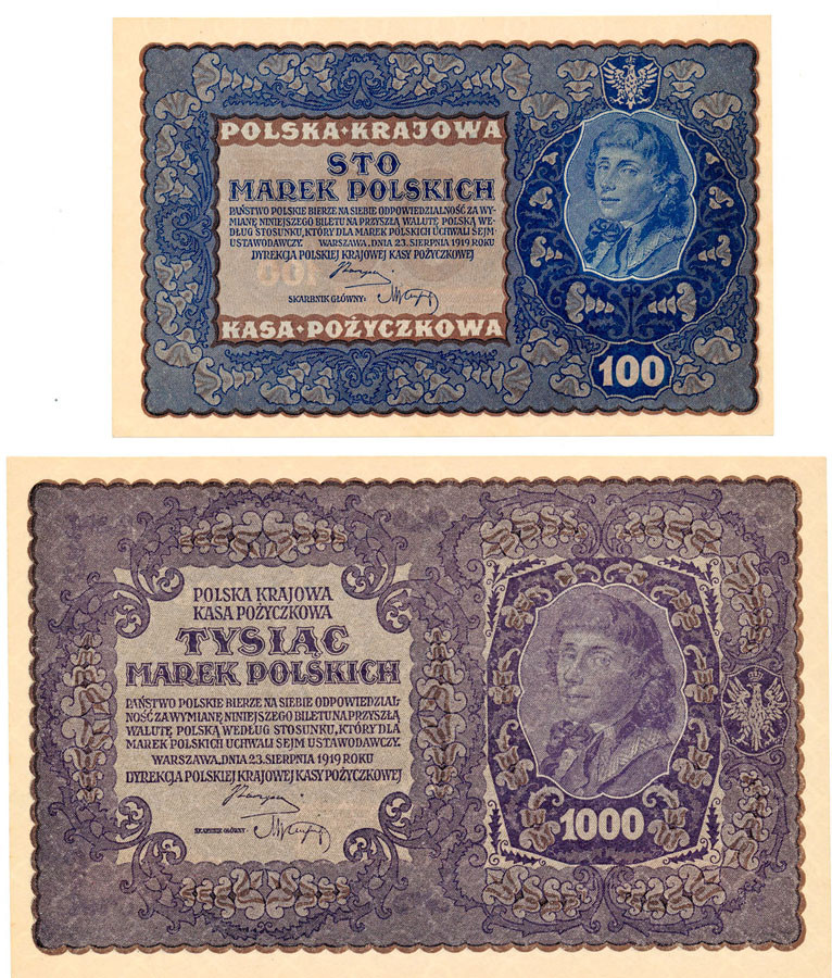 100, 1000 marek polskich 1919, zestaw 2 banknotów